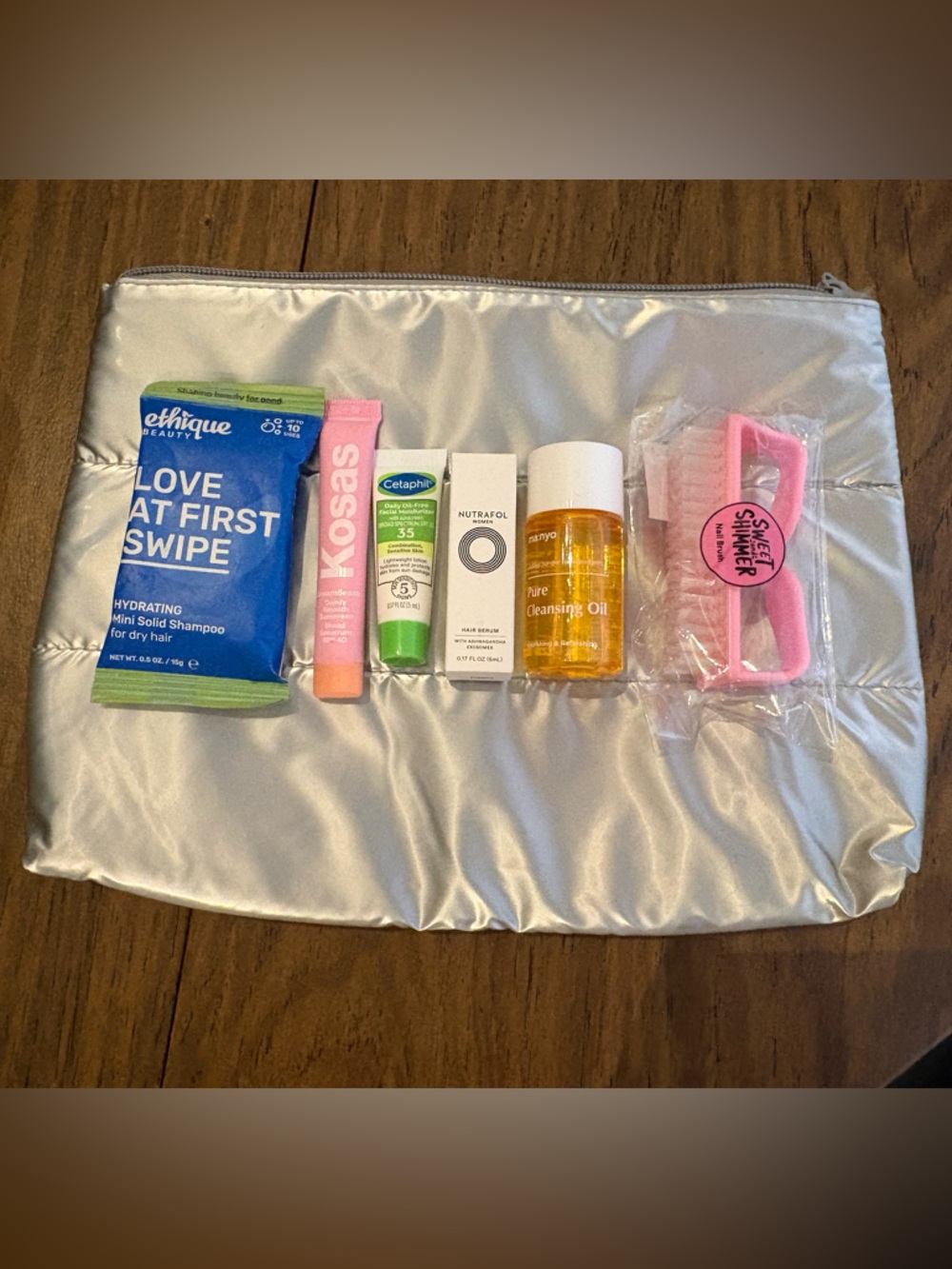 Skincare Sample Bundle with Silver Satin Cosmetic Pouch - Travel Beauty Items